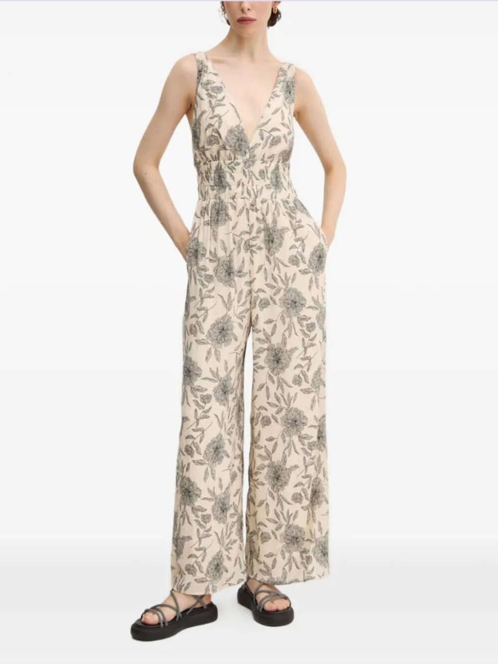 Abercrombie & Fitch V-Neck Floral Jumpsuit, Cream & Black, Medium Tall, NWT Boho